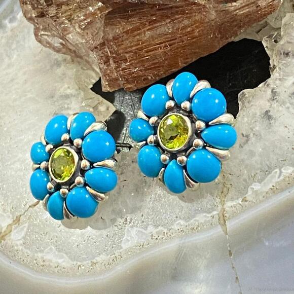 Carolyn Pollack Sterling Silver Turquoise & Faceted Peridot Flower Stud Earrings - Picture 5 of 9